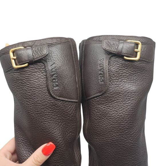 Prada Boots Womens 39.5 9.5 Brown Leather Knee High Block Heel Riding Side Zip - Picture 9 of 16